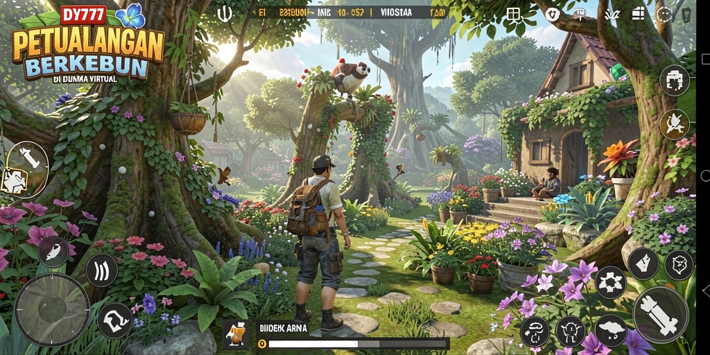 Screenshot utama DY777 menampilkan pemain sibuk berkebun dan memanen hasil pertanian.