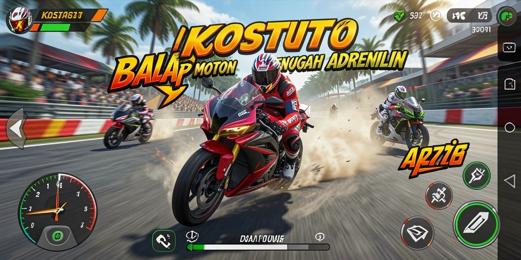 Gameplay balap motor KOSTOTO yang menegangkan di lintasan yang beragam.