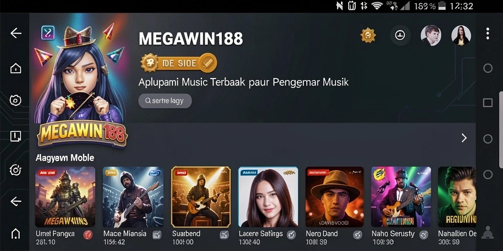 Tampilan layar utama MEGAWIN188 dengan berbagai musik dan fitur menarik.